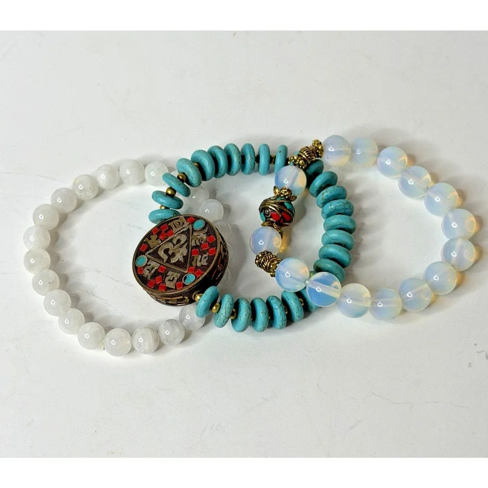 Nepalese Tibetan-Style Buddhist Om Pendant Turquoise Opalite Beaded Bracelet Set